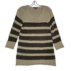 Tommy Bahama V Neck Striped Weave Knit Sweater Tan Brown Womens XS